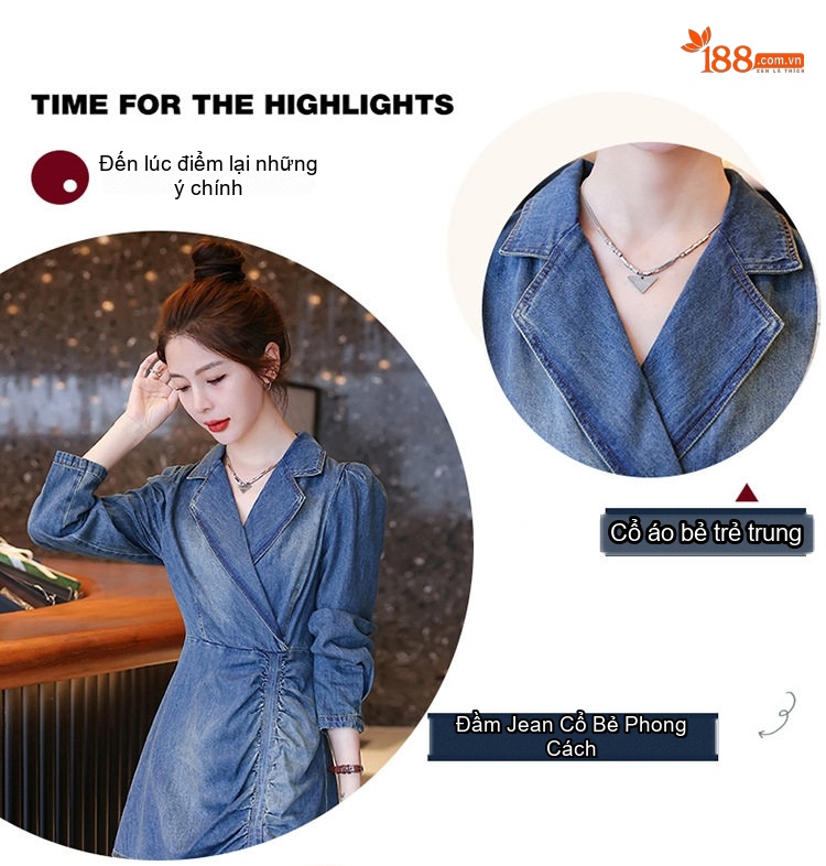 Váy Jean Dài Tay Nữ Dáng Ôm Eo Thiết Kế Xếp Ly Hàn Quốc Màu Xanh Jean chi tiết 9