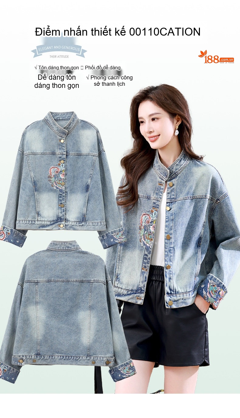Áo Khoác Jean Nữ Thêu Họa Tiết Phong Cách Trung Hoa Dáng Ngắn Màu Xanh Jean chi tiết 5