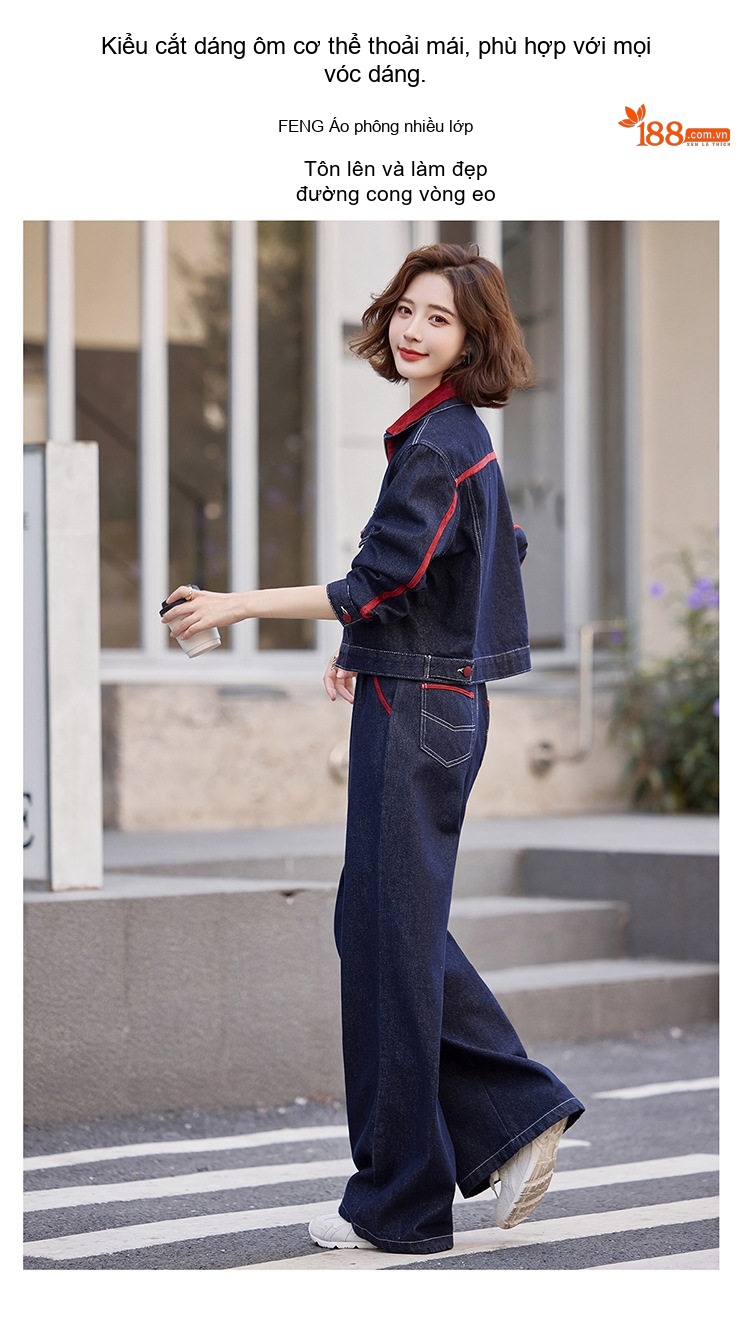 Set Áo Khoác Jean Nữ Cổ Bẻ Tay Dài Quần Ống Rộng Màu Xanh Jean chi tiết 9