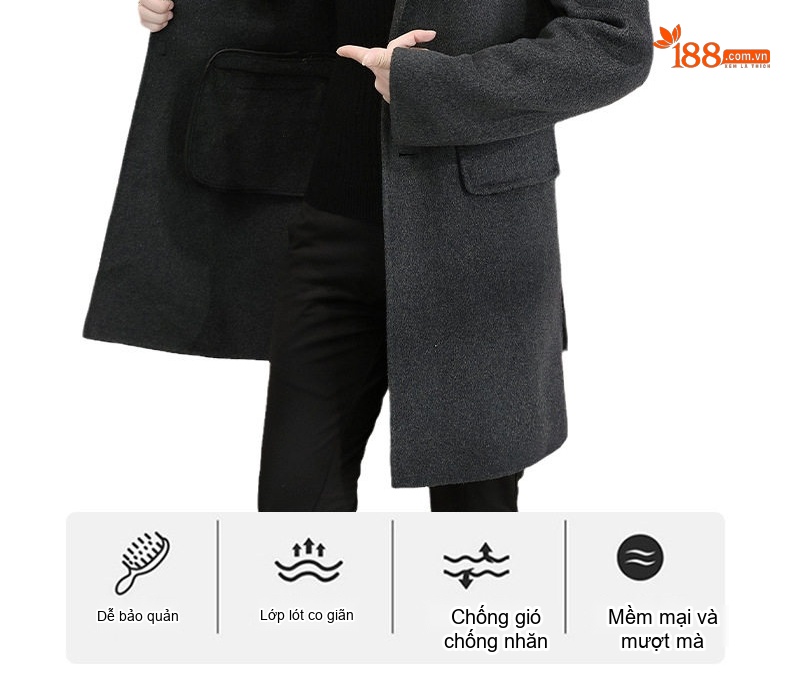 Áo Khoác Dạ Nam Dáng Dài Vừa Cổ chữ Vest Thủ Công Màu Đen, Xám chi tiết 9