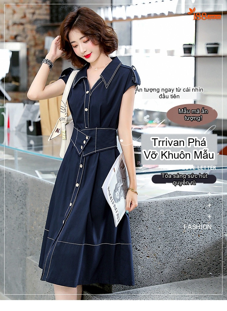Váy Đầm Nữ Tay Ngắn dáng chữ A Chít Eo Thanh Lịch Thời Trang Hàn Quốc Màu Xanh Navy chi tiết 1