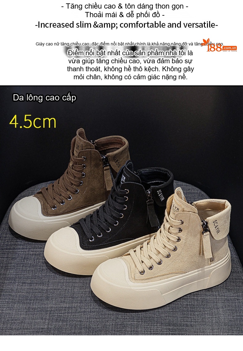 Giày Sneaker Nữ Cổ Cao Đế Dày Da Mờ Chiều Cao Đế Khoảng 4cm Màu Nâu, Kem, Đen chi tiết 2