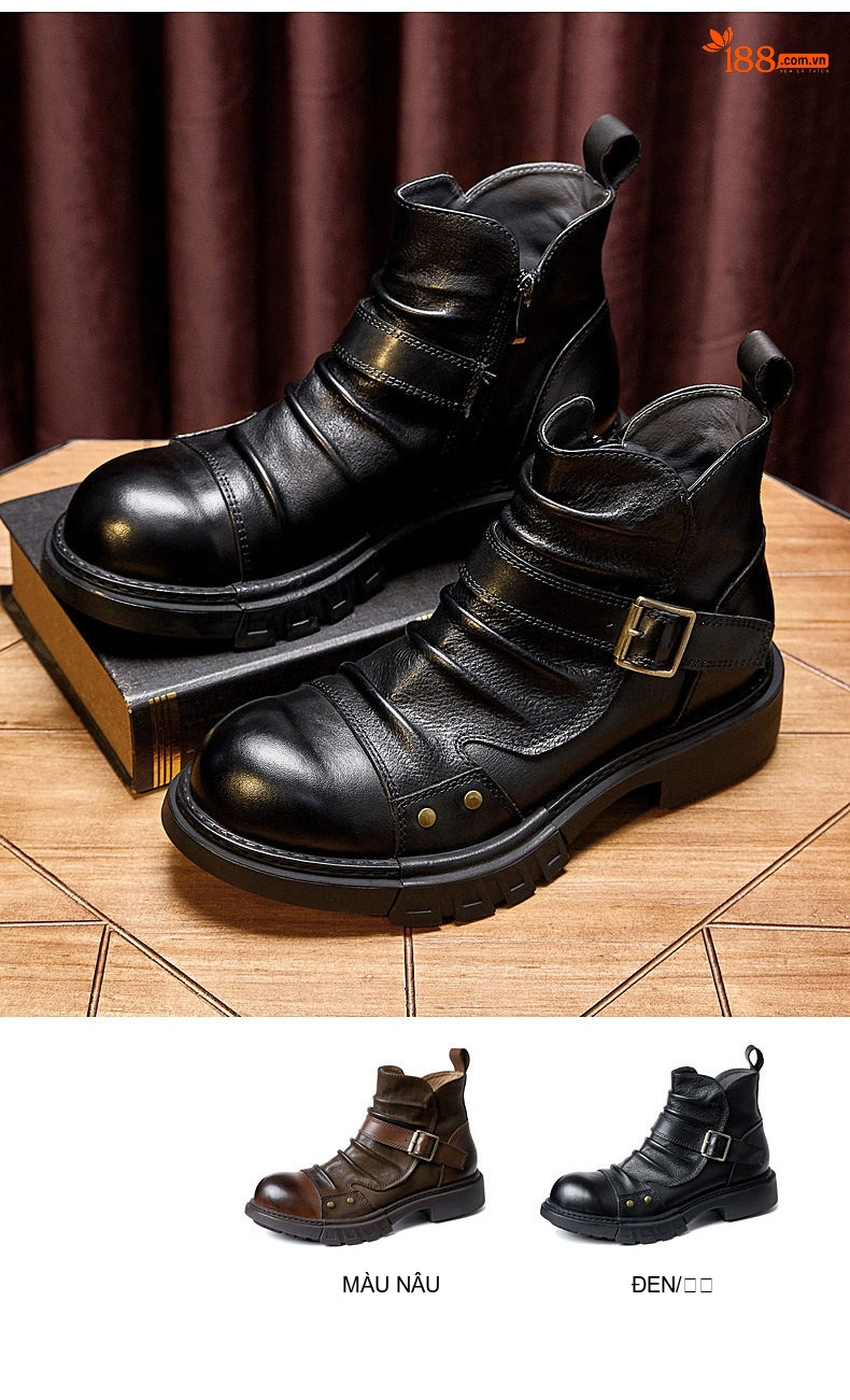 Boot Cơ Bắp Nam Da Thật Phong Cách Punk Chiều Cao Đế Khoảng 4cm Màu Đen, Nâu chi tiết 8