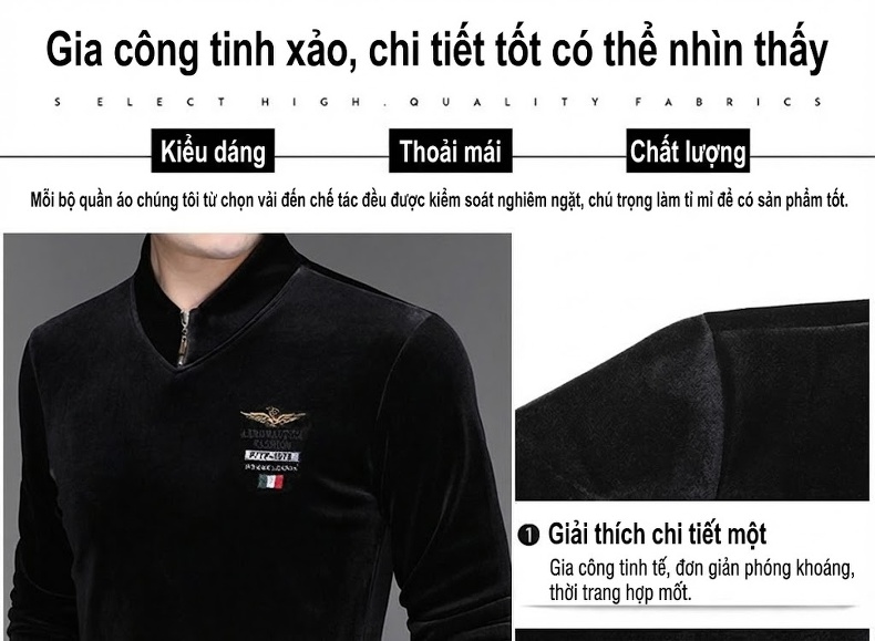 Áo Thun Dài Tay Nam Cổ Lọ Khóa Kéo Vải Nhung Dày Dặn Lót Lông Màu Xanh, Đen, Nâu, Tím... chi tiết 2
