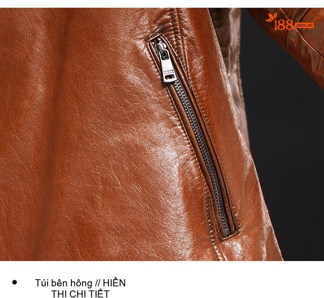 Áo Khoác Da Thật Nam Dáng Ôm, Cổ chữ Vest, Ngắn Màu Nâu chi tiết 13