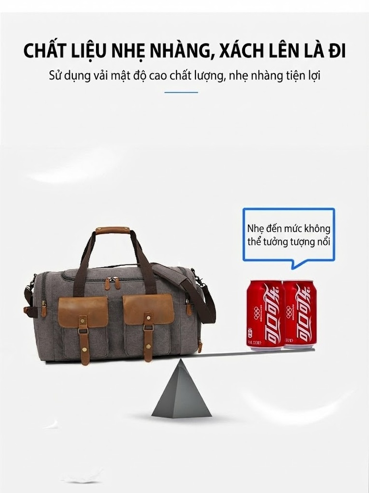 Túi Du Lịch Xách Tay Vải Canvas Đeo Chéo Phong Cách Âu Mỹ Kết Hợp Da Thật Màu Xám, Hồng, Sọc Trắng Đen chi tiết 4