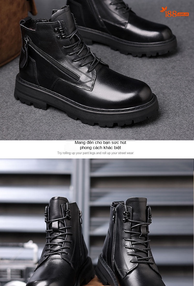 Boot Martin Nam Da Thật Lót Lông Cao Cổ Giữ Ấm Chiều Cao Đế Khoảng 4cm Màu Đen chi tiết 13