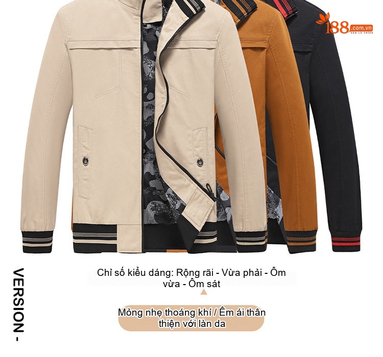 Áo Khoác Bomber Nam Cotton Dáng Đứng Cổ Tay Bo Chun Thu Đông Màu Be, Đen, Vàng Nâu chi tiết 3