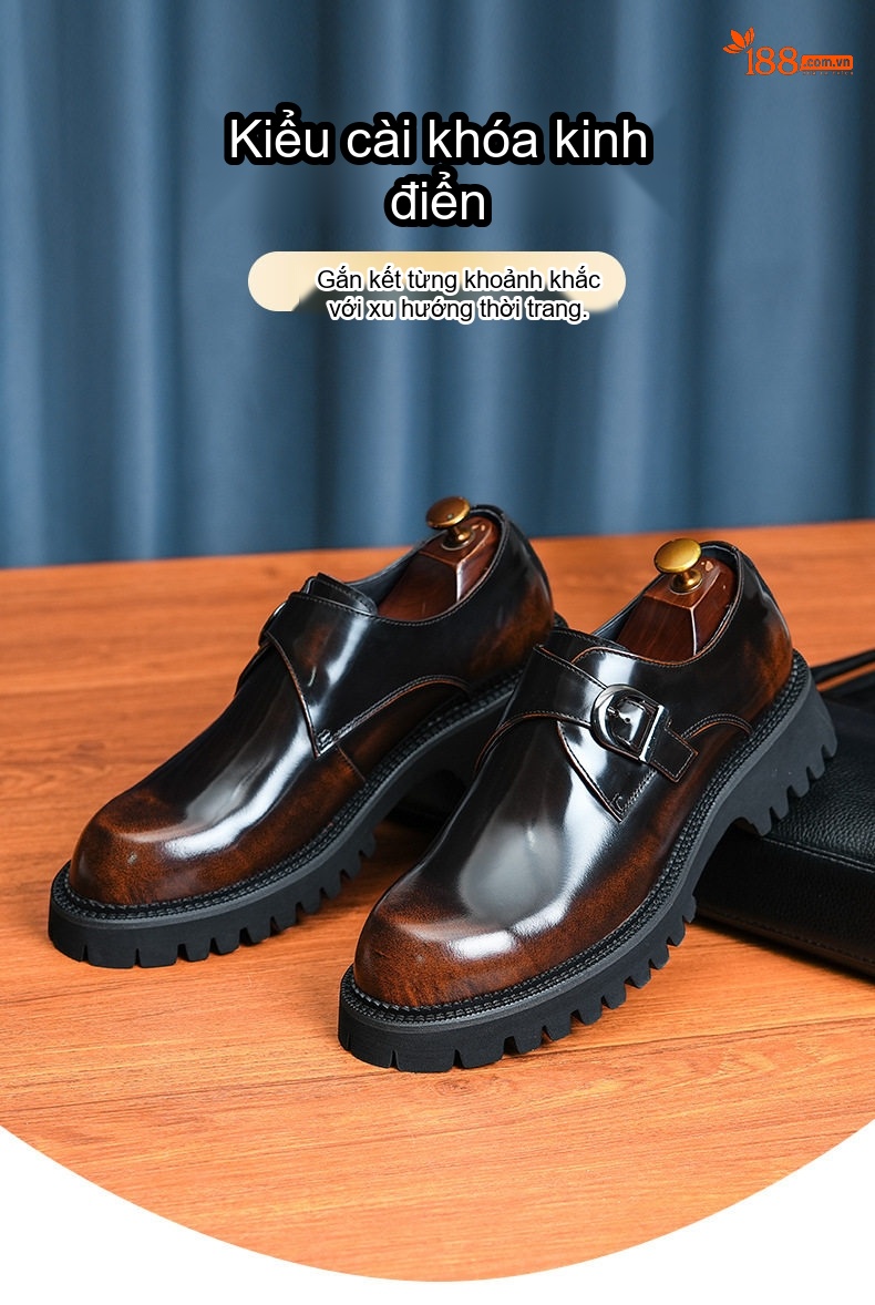 Giày Tây Monk Strap Nam Da Bóng Chiều Cao Đế Khoảng 4cm Màu Đen, Nâu chi tiết 2