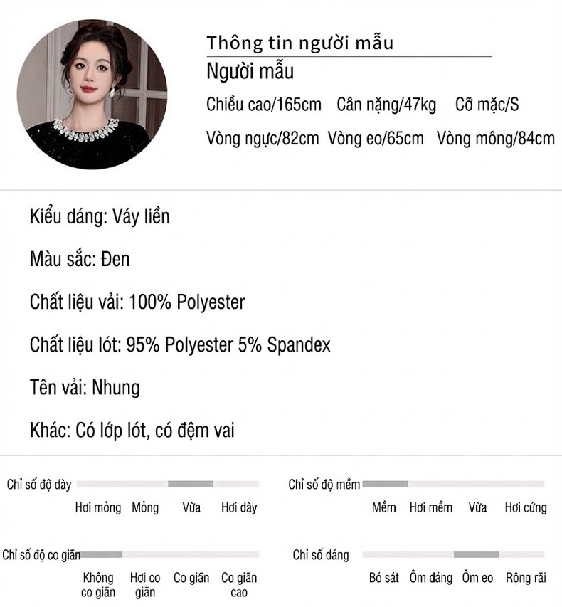 Váy Dự Tiệc Nữ Thu Đông Dáng Dài Đuôi Cá Cổ Tròn Đính Đá Màu Đen chi tiết 2