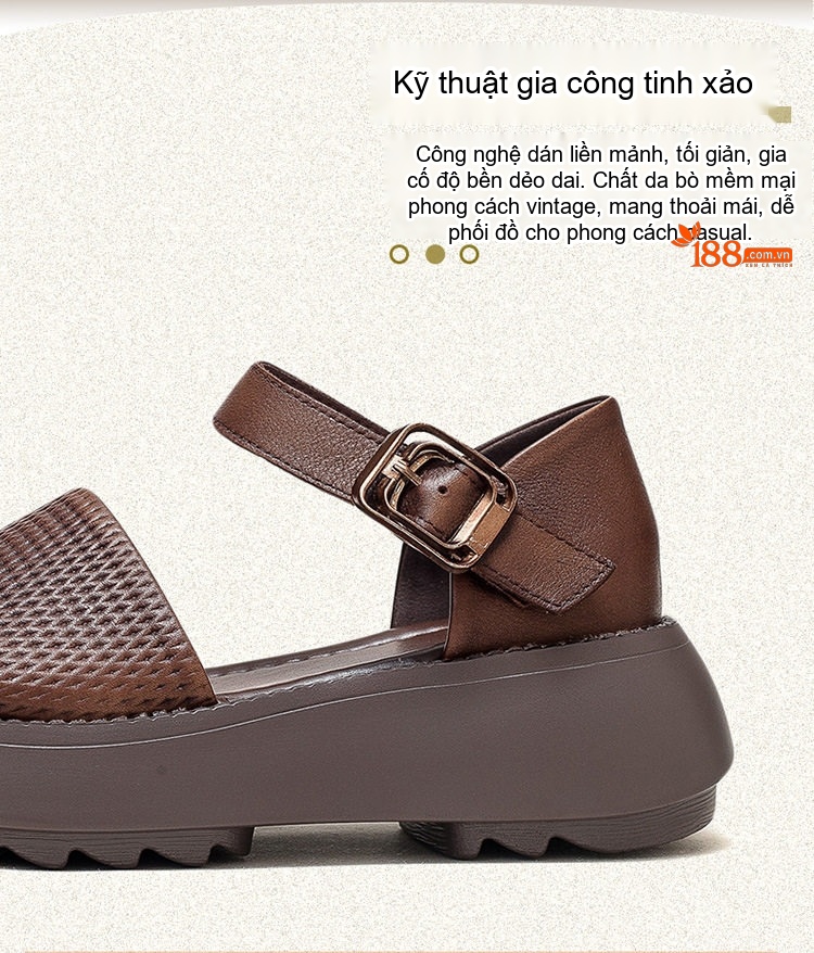 Dép Sandal Nữ Da Bò Hở Mũi Thoáng Khí Quai Hậu Khóa Cài Đế Cao 4cm - 5cm Màu Đen, Nâu, Kem chi tiết 3