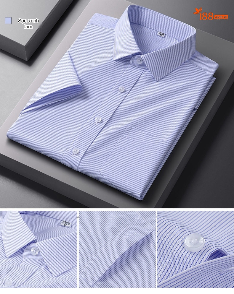 Áo Sơ Mi Nam Cotton Ngắn Tay Dáng Ôm Chống Nhăn Màu Trắng, Xanh Dương, Tím, Xám... chi tiết 25
