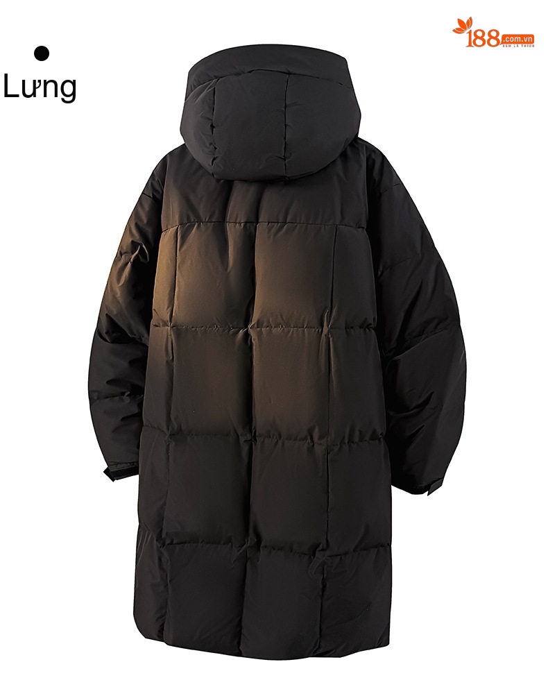 Áo Phao Dáng Dài 90% Lông Vịt Trắng Mũ Trùm Đầu Dày Dặn Phong Cách Unisex Màu Đen, Trắng, Xanh Navy chi tiết 14
