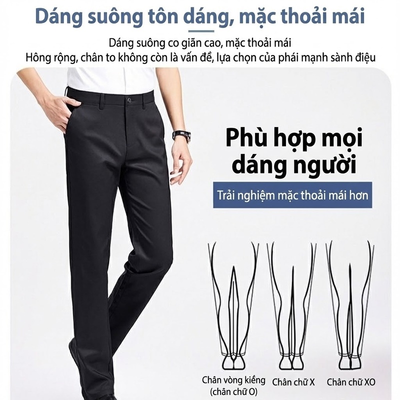 Quần Tây Nam Lụa Tencel Mỏng Chống Nhăn Co Giãn Dáng Ôm Màu Đen