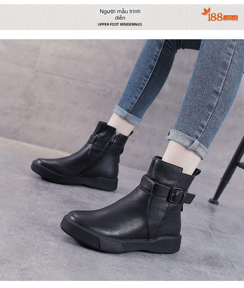 Boot Nữ Da Thật Martin Cổ Ngắn Khóa Đai Phong Cách Anh Chiều Cao Đế Khoảng 3cm Màu Đen chi tiết 11
