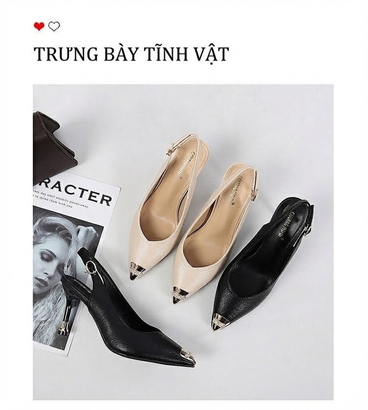 Giày Sandal Cao Gót Nữ Hở Gót Mũi Nhọn Đính Đá Gót Cao 7cm - 8cm Màu Đen, Kem chi tiết 33