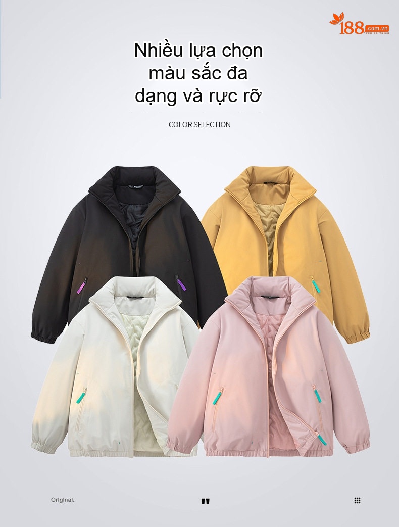 Áo Khoác Bông Lót Dày Cổ Trụ Có Logo Cotton Nam Nữ Unisex Màu Trắng, Đen, Vàng, Hồng chi tiết 1