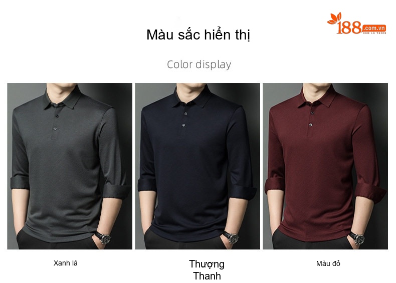 Áo Polo Nam Tay Dài Dệt Kim Cashmere Chống Nhăn Màu Đen, Đỏ Rượu Vang, Xám chi tiết 6