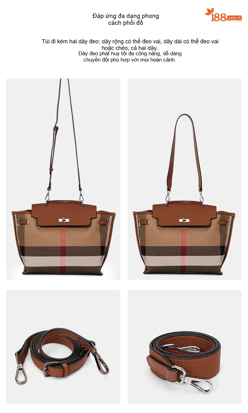 Túi Tote Nữ Vải Canvas Phối Da Bò Họa Tiết Kẻ Sọc Lớn Đựng Vừa A4 Màu Nâu chi tiết 5