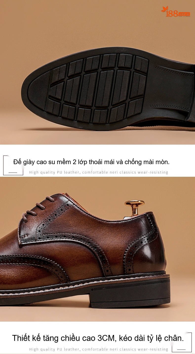 Giày Tây Buộc Dây Nam Da Thật Mũi Brogue Chiều Cao Đế Khoảng 3cm Màu Nâu chi tiết 6