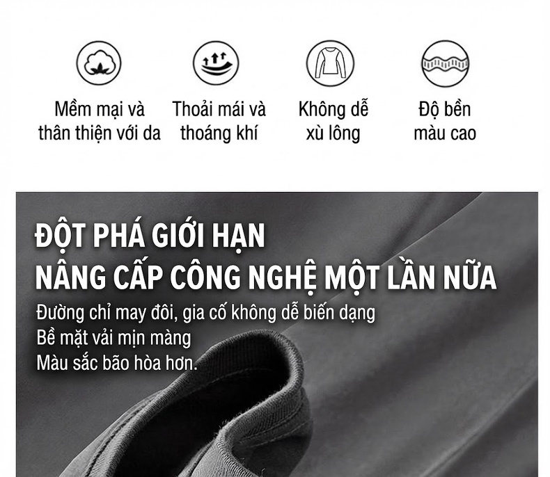 Áo Thun Tay Dài Nam Cotton 300g Cổ Tròn Màu Nâu, Xám, Trắng, Đen... chi tiết 4