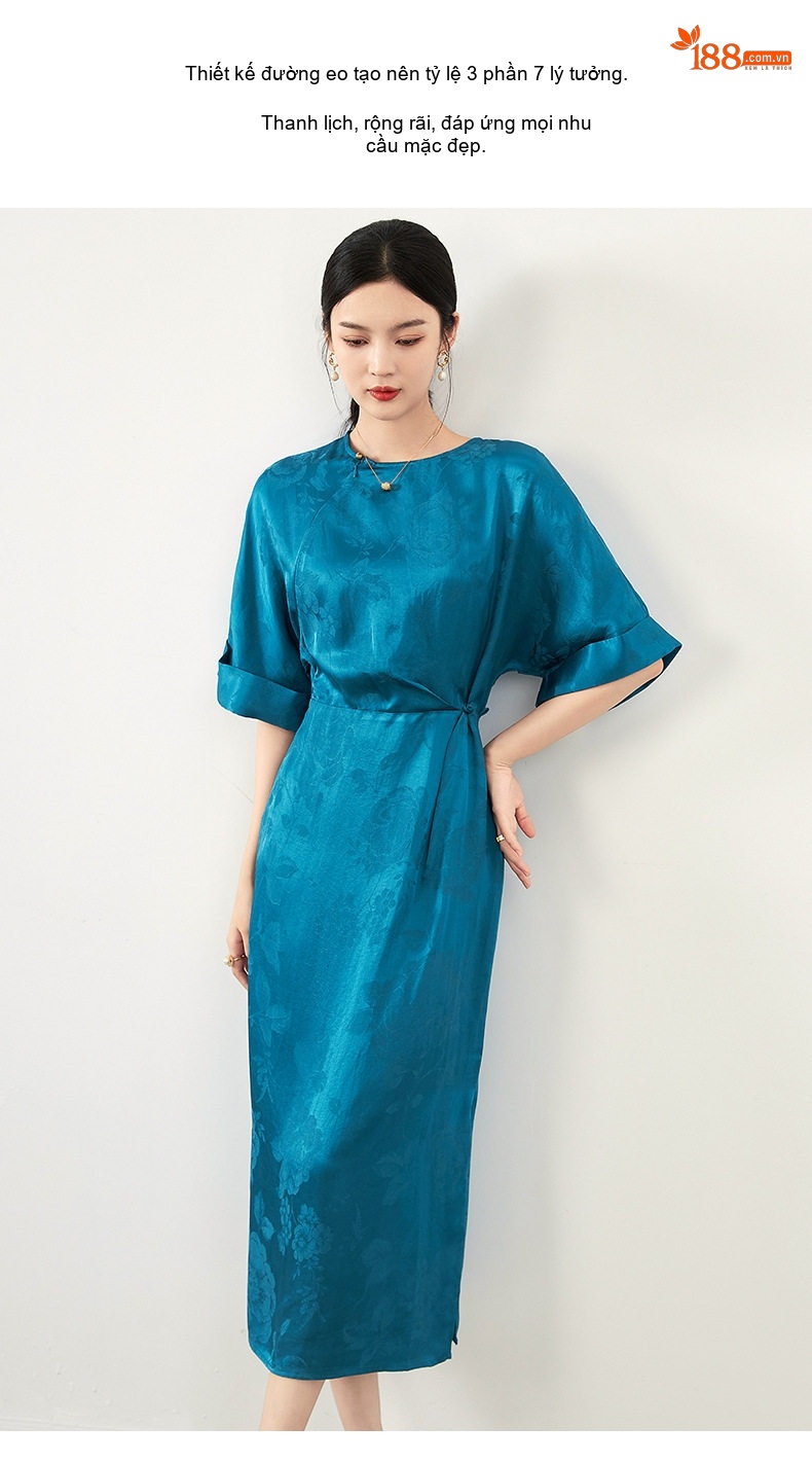 Váy Dáng Dài Nữ Lụa Gấm Thượng Hải Cách Tân Tay Lỡ Chiết Eo Màu Xanh Lá Cây Nhạt, Xanh Dương, Trắng Ngà chi tiết 5