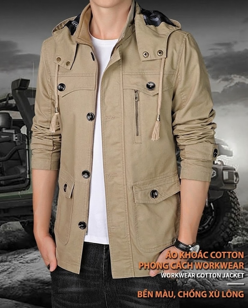 Áo Khoác Có Mũ Nam Cotton Dáng Vừa Vặn Màu Be, Đen, Xanh Rêu, Nâu chi tiết 1