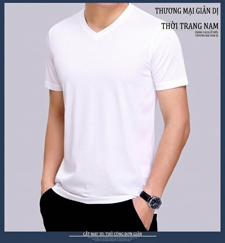 Áo Thun Nam Cổ Tim Tay Ngắn Lụa Tằm Thoáng Mát Màu Trắng chi tiết 7