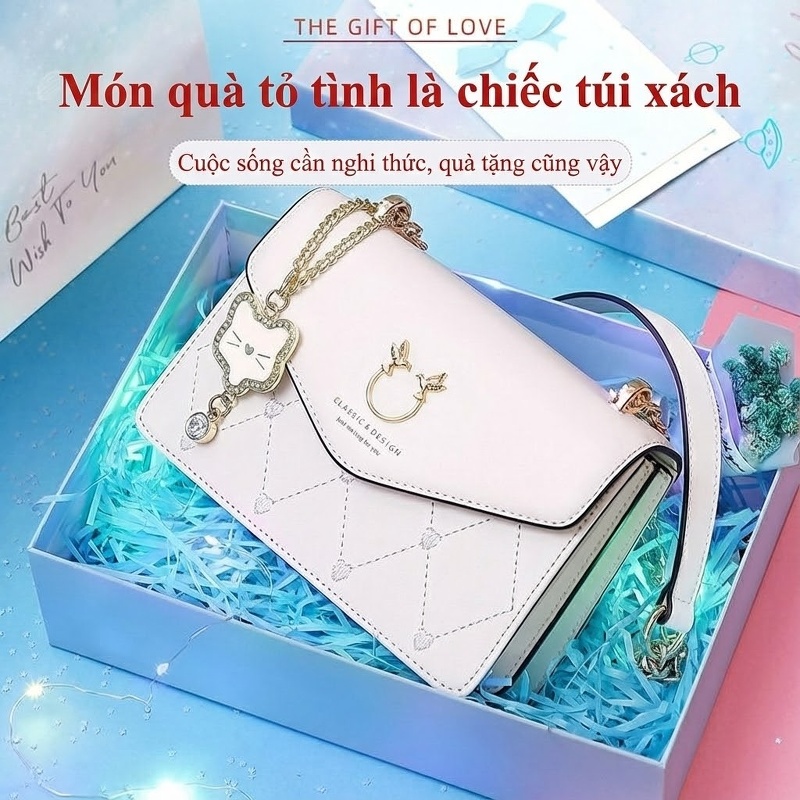 Túi Đeo Chéo Nữ Da Bóng Dây Xích Kiểu Túi Hộp Nhỏ Màu Trắng