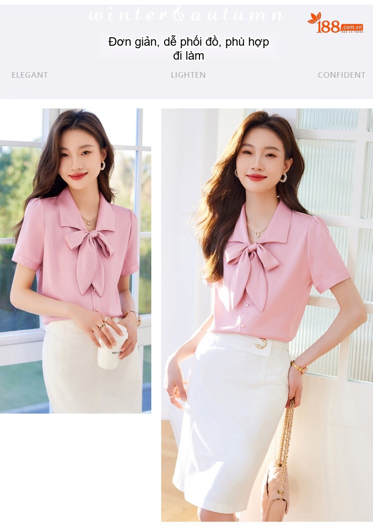 Áo Sơ Mi Tay Ngắn Nữ Cổ Nơ Chất Liệu Tuyết Chiffon Màu Hồng, Trắng chi tiết 6