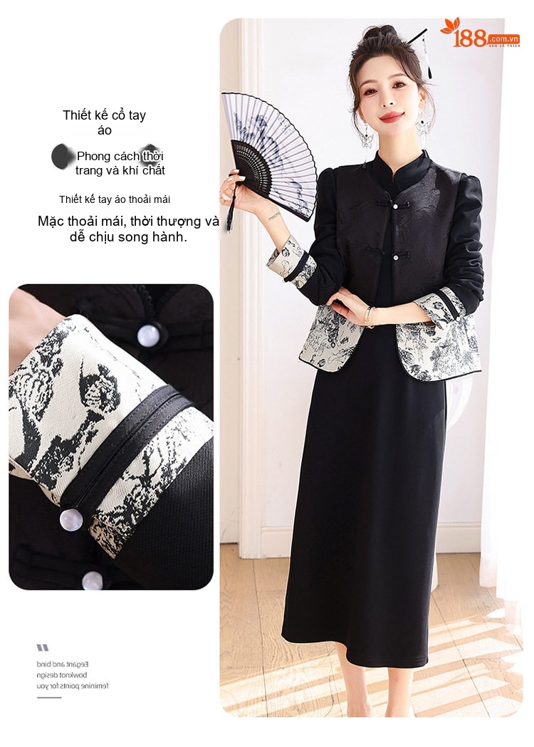 Set Áo Khoác và Chân Váy Dáng Ôm Họa Tiết Thêu Thanh Lịch Màu Đen chi tiết 8