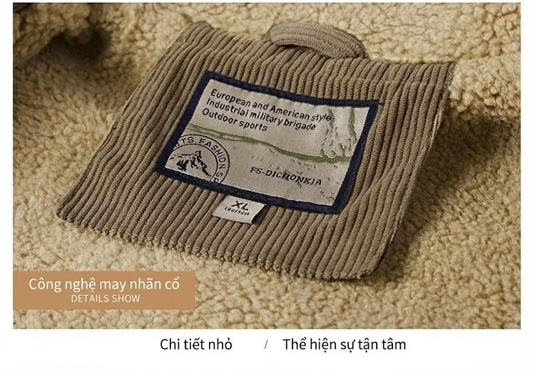 Áo Khoác Nam Cotton Lót Lông Cừu Non Cổ Lông Rộng Dáng Rộng Màu Đen, Nâu, Xanh... chi tiết 42
