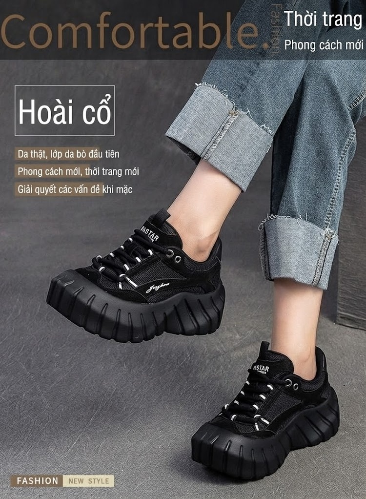 Giày Sneaker Nữ Lưới Thoáng Khí Đế Bánh Mì Chiều Cao Đế Khoảng 5cm Màu Đen, Đỏ, Xám chi tiết 1