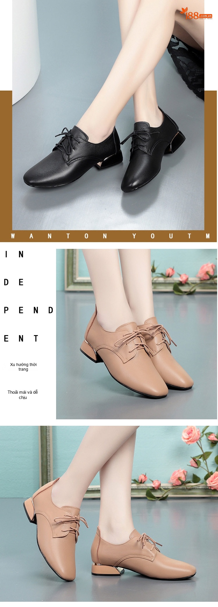 Giày Oxford Nữ Da Mềm Chiều Cao Đế Khoảng 3cm Màu Trắng Kem, Đen, Nâu chi tiết 4
