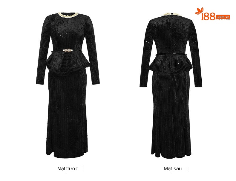Váy liền thân Nữ Thiết Kế Pháp Cách Điệu Bèo Nhún Chất Nhung Tôn Dáng Màu Đen, Vàng chi tiết 8