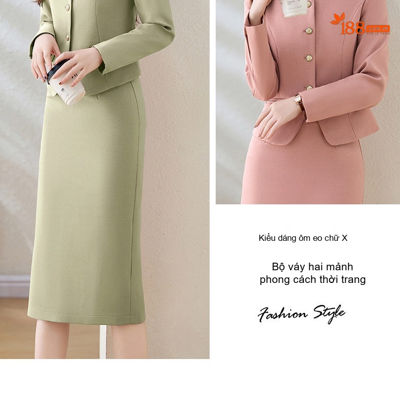 Set Bộ Vest Nữ Áo Blazer Tay Lỡ Chân Váy Bút Chì Công Sở Thanh Lịch Màu Hồng, Xanh, Xám chi tiết 5