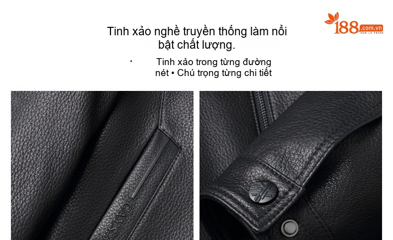 Áo Khoác Da Thật Nam Lót Lông Chồn Cổ Lông Kiểu Ngắn Da Dê Màu Đen chi tiết 5