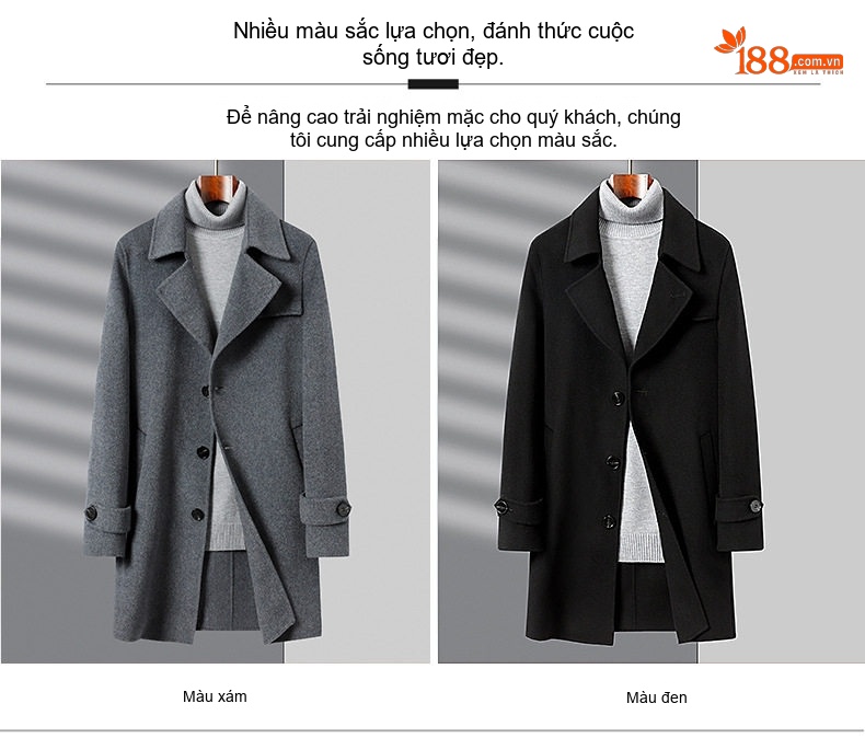 Áo Khoác Dạ Nam Lông Cừu Dáng Dài Màu Đen, Xám chi tiết 3