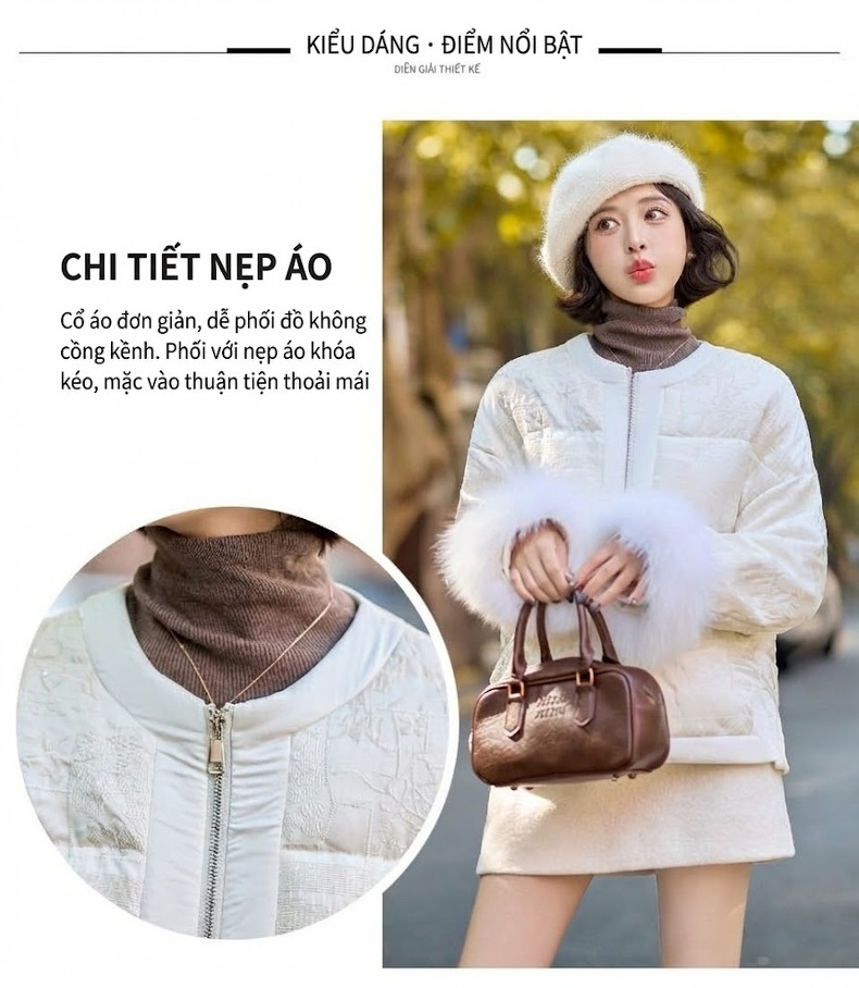 Áo Khoác Phao Nữ Ngắn Tay Dáng Nhỏ Gọn Cao Cấp Giữ Ấm Lông Vịt Trắng Màu Trắng Kem chi tiết 10