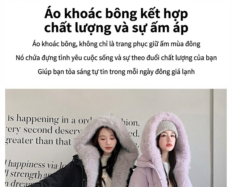 Áo Khoác Phao Nữ Lót Lông Cổ Rộng Dáng Ngắn Màu Đen, Trắng, Nâu, Hồng... chi tiết 3