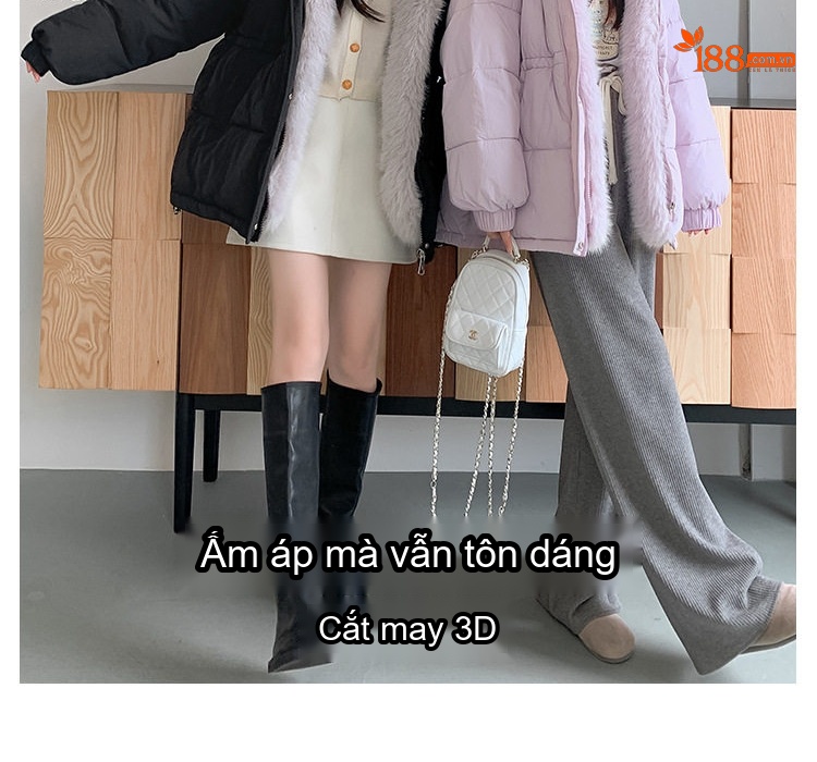 Áo Khoác Phao Nữ Lót Lông Cổ Rộng Dáng Ngắn Màu Đen, Trắng, Nâu, Hồng... chi tiết 4