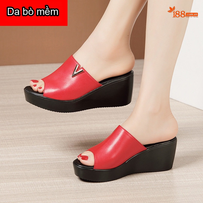 Dép Quai Ngang Nữ Da Bò Đế Xuồng Chiều Cao Đế Khoảng 6cm Màu Đỏ, Đen