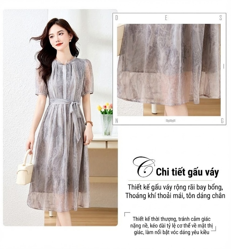 Đầm Xòe Nữ Tay Ngắn Thiết Kế Thanh Lịch Thoáng Mát Chất Liệu Voan Màu Hồng, Xám chi tiết 9