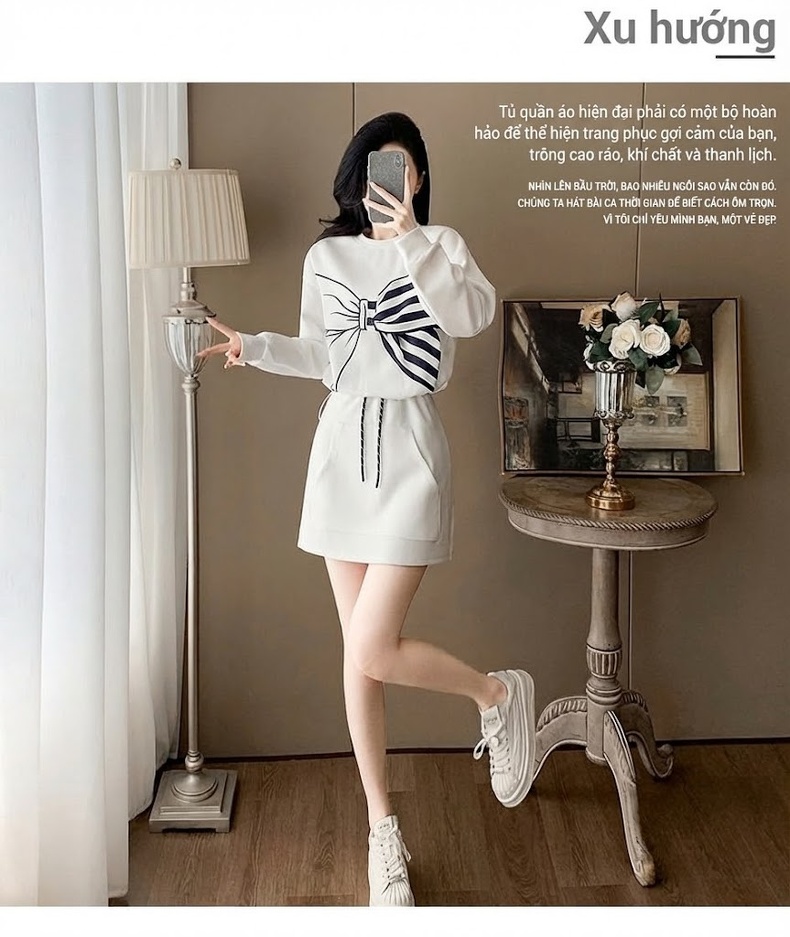 Set Áo Hoodie Tay Dài Cổ Tròn và Chân Váy Ngắn Nữ Trang Trí Nơ Phong Cách Thời Trang Màu Trắng, Xanh Navy chi tiết 1