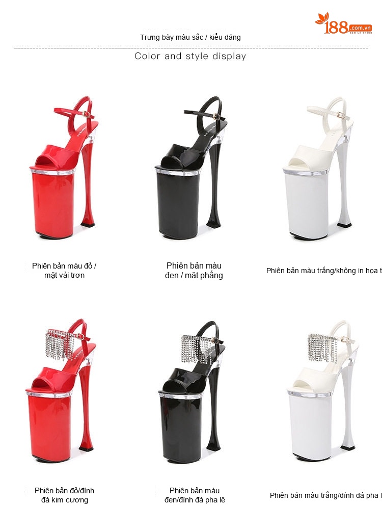 Giày Sandal Cao Gót Nữ Quai Trong Suốt Đính Đá Gót Cao 26cm Màu Đen, Đỏ, Trắng chi tiết 3