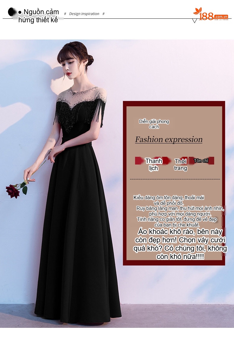 Đầm Dự Tiệc Nữ Cổ Trễ Vai Thiết Kế Tua Rua Sang Trọng Màu Đen, Đỏ chi tiết 2