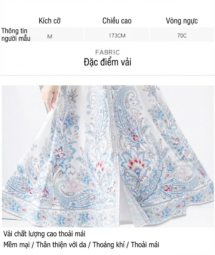 Váy Đầm Nữ Dáng Dài Cổ Lọ Tay Loe Thiết Kế In Họa Tiết Phong Cách Cổ Điển Châu Âu Màu Trắng, Xanh Dương, Đỏ chi tiết 6