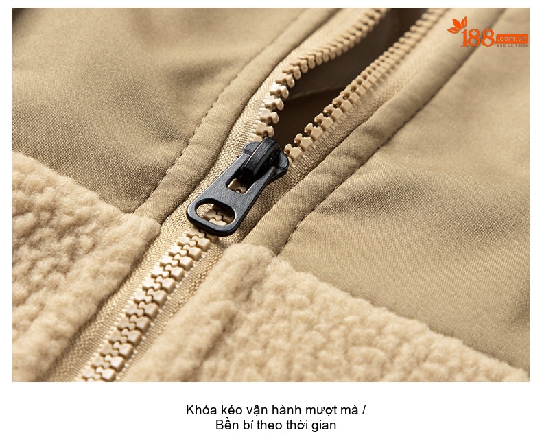 Áo Khoác Nam Cổ Trụ Lông Cừu Dáng Rộng Lót Bông Giữ Ấm Màu Đen, Xanh Olive, Kem chi tiết 14