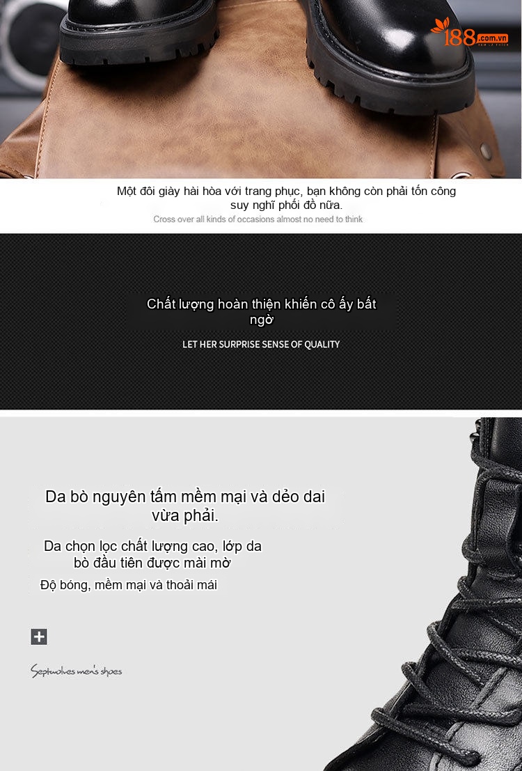 Boot Martin Nam Da Thật Lót Lông Cao Cổ Giữ Ấm Chiều Cao Đế Khoảng 4cm Màu Đen chi tiết 14