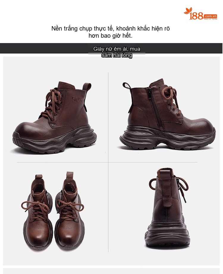 Boot Nữ Da Bò Cổ Lửng Phong Cách Âu Mỹ Chiều Cao Đế Khoảng 5cm Màu Đen, Nâu chi tiết 15